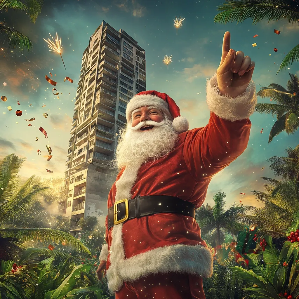 A jovial Santa Claus, in a vibrant red suit, stands amidst a tropical setting, his finger pointed upwards.  Confetti and sparkles rain down.  Behind him, a dilapidated, high-rise building looms, creating a surreal juxtaposition of Christmas cheer and urban decay. Lush palm trees and foliage surround him, contributing to the exotic holiday scene.  The image blends festive joy with an unexpected and intriguing background.