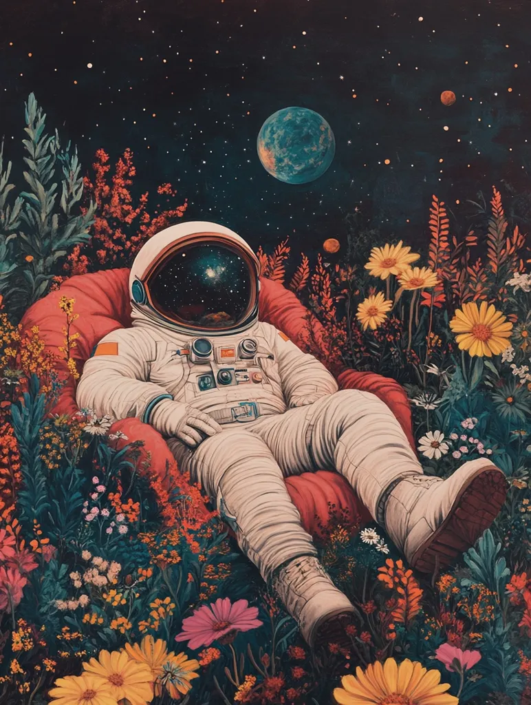 Here's a description of the image:

The artwork depicts an astronaut, in a relaxed pose, reclining in a plush, red armchair nestled amidst a vibrant, colorful garden.  The astronaut's helmet reflects a starry expanse mirroring the night sky above, speckled with stars and a large, turquoise planet.  The garden blooms with a profusion of flowers in various colors and species, creating a surreal and dreamlike juxtaposition of space and nature. The overall style is reminiscent of psychedelic art, blending elements of fantasy and realism.