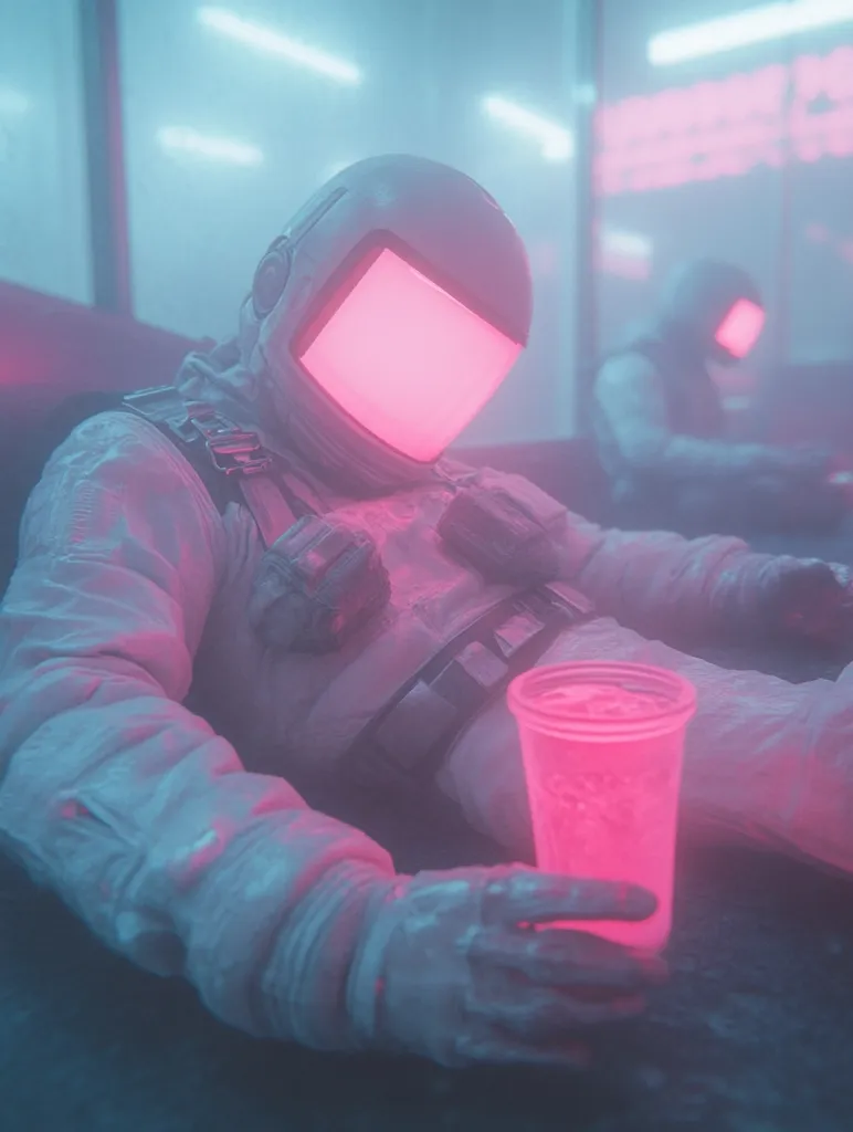 Here's a description of the image:

The image is a digitally rendered scene depicting a lone astronaut, slumped in what seems to be a futuristic waiting area.  The astronaut's helmet features a brightly lit pink screen, mirroring a similar glow emanating from a drink the astronaut holds. The environment is hazy and bathed in cool blue and warm pink neon lighting, creating a surreal and melancholic atmosphere.  Another, more distant figure, also in an astronaut suit, is partially visible in the background, adding to the feeling of isolation and solitude. The overall style is reminiscent of science fiction art, with a strong emphasis on mood and color.