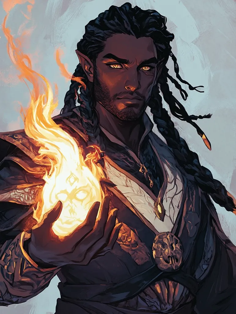 The image depicts a dark-skinned elf with long, braided black hair and pointed ears.  He has intense golden eyes and a serious expression.  He's dressed in elaborate dark clothing with lighter accents, and his hands cradle a small, glowing orb of fire, flames dancing around it. The style is painterly and evocative, suggesting a character of power and magic, perhaps from a fantasy setting.  His attire and the fire imply a role as a mage or sorcerer.