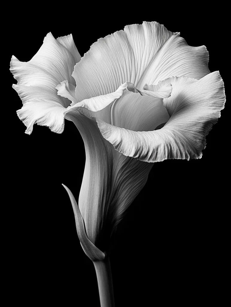 Here is a description of the image:

The image is a striking black and white close-up photograph of a single flower, possibly a calla lily or a similar species, against a pure black background. The flower's petals are delicately textured, showcasing a play of light and shadow that accentuates their ruffled edges and graceful curves.  The bloom is presented in profile, revealing its elegant form from the stem to its fully opened, flaring petals.  The monochrome palette emphasizes the flower's sculptural quality and creates a sense of classic, timeless beauty.