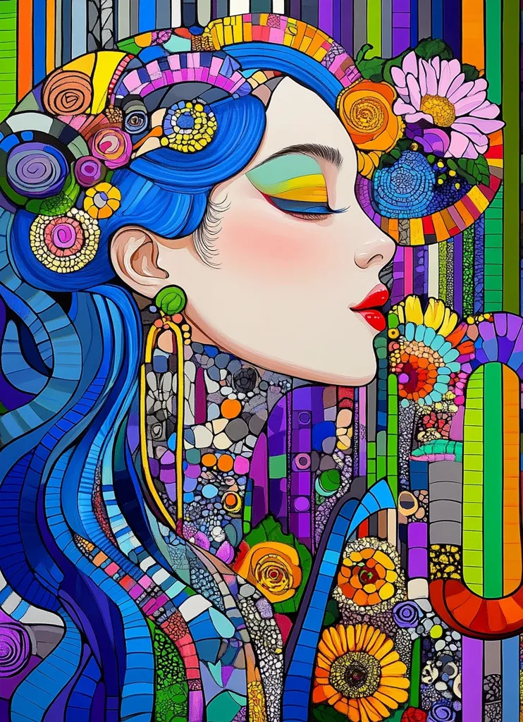 The image is a vibrant, stylized portrait of a woman with flowing blue hair.  Her face is rendered in a smooth style contrasting with the mosaic-like texture of her hair and clothing.  The artwork is rich with color, employing a kaleidoscope of bright hues and intricate patterns. Flowers and geometric shapes intertwine throughout, creating a sense of both organic and structured design. The overall effect is one of playful energy and artistic intricacy.
