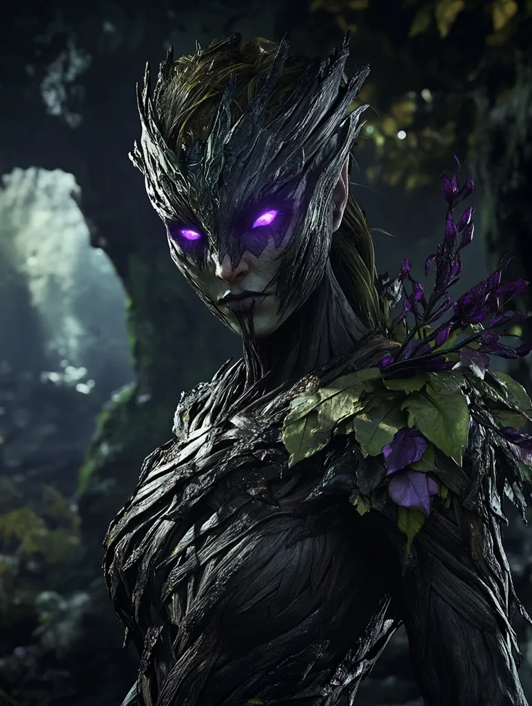 A digital rendering depicts a striking female figure, seemingly a dryad or similar nature spirit.  Her skin is dark, textured like bark, and adorned with leaves and purple flowers.  A large, intricate headdress frames her face, which is accentuated by glowing purple eyes. The overall effect is one of both beauty and unsettling power, set against a dark, foresty background.  The image evokes a fantasy or magical realism aesthetic.