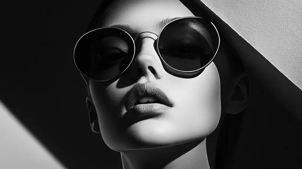 Here's a description of the image:

The black and white photograph features a close-up of a woman's face, partially obscured by large, round sunglasses. Strong light and shadow dramatically highlight her features, particularly her lips and cheekbones. The sunglasses are a key element, their dark lenses creating a mysterious effect. The background is minimalist, with a stark contrast between light and dark areas, enhancing the dramatic lighting on the model's face. The overall mood is stylish and sophisticated, with a focus on the interplay of light and shadow and the model’s striking features.