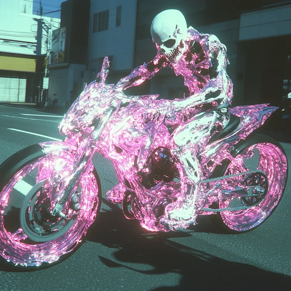A digital rendering depicts a skeletal figure, seemingly made of molten silver, riding a futuristic motorcycle.  Both rider and machine appear to be coated in a pink, shimmering substance, creating a surreal and otherworldly aesthetic.  The setting is a city street, with blurred buildings in the background, providing a contrast between the gritty reality and the fantastical subject. The overall style is vibrant, edgy, and suggestive of cyberpunk or vaporwave themes.