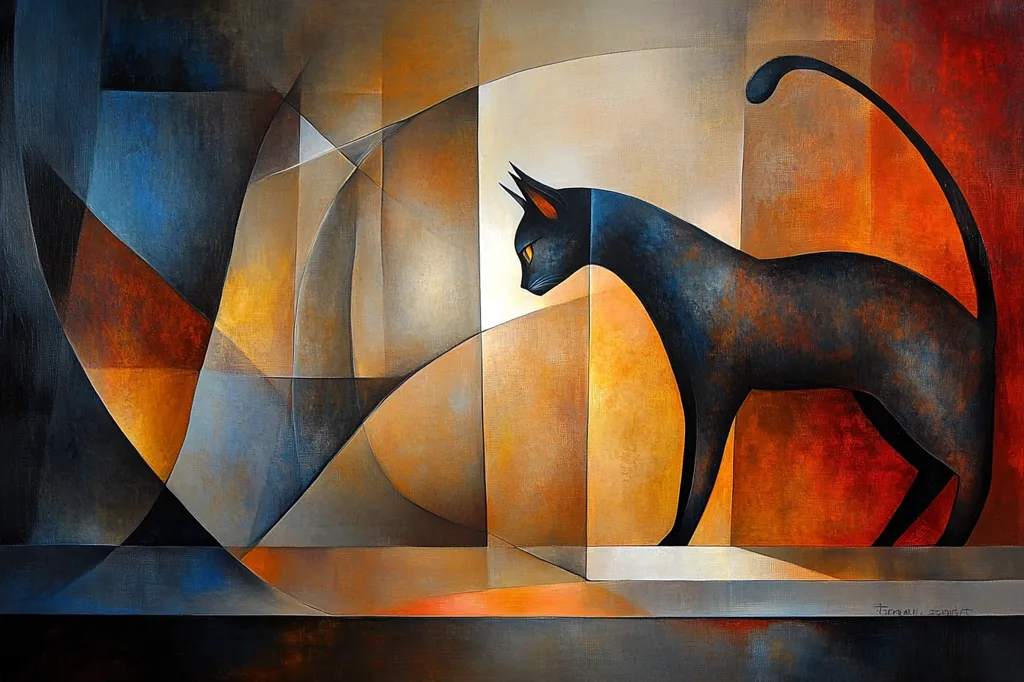 This abstract painting depicts a stylized black cat in a geometric setting.  The cat is rendered in dark tones, contrasting with warm oranges and browns in the background.  The artist employs bold, angular shapes and muted colors, creating a sense of depth and mystery. The cat's form is simplified, yet retains an elegant, almost statuesque quality within the complex interplay of lines and planes. The overall style suggests a blend of cubism and surrealism, emphasizing form and mood over realistic detail.