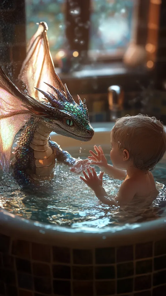 A whimsical image depicts a toddler and a small, iridescent dragon sharing a bath. The dragon, with teal and purple scales and large, expressive eyes, is partially submerged in the water.  The child, with blonde hair, playfully interacts with the dragon, their hands reaching out to touch each other.  The scene is bathed in soft light, creating a magical, dreamlike atmosphere. The tiled bathtub adds to the overall whimsical quality.