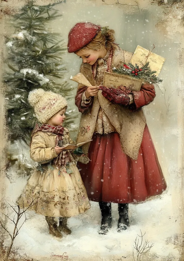A charming vintage-style painting depicts two young girls in snowy winter attire. The older girl, wearing a red beret and dress, carries a basket of Christmas cards and greenery. Her younger companion, in a cream-colored coat and bonnet, holds a small book. Both girls stand near a snow-dusted evergreen tree, creating a serene Christmas scene. The soft color palette and detailed rendering evoke a nostalgic and heartwarming feeling, reminiscent of classic holiday imagery.  The style is painterly, with visible brushstrokes contributing to the image's gentle texture.