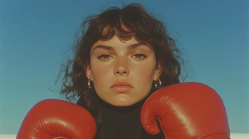 Close-up of a young woman with sun-kissed skin and freckles.  Her dark, curly hair is styled with bangs. She's wearing a dark turtleneck and red boxing gloves, her expression serious and direct. The vibrant blue sky provides a stark contrast to her features and the bold red of the gloves. The overall aesthetic is one of strength and confidence, with a retro-inspired feel to the photography.