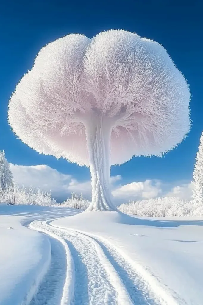 A breathtaking winter scene unfolds, dominated by a majestic tree completely encased in thick, pristine frost. Its branches, heavy with ice, create a stunning, almost ethereal crown.  The tree stands majestically in a snow-covered landscape, with a pair of tire tracks winding towards it through the pristine white expanse.  A clear blue sky provides a vibrant backdrop to the winter wonderland.  The overall impression is one of serene beauty and magical tranquility.