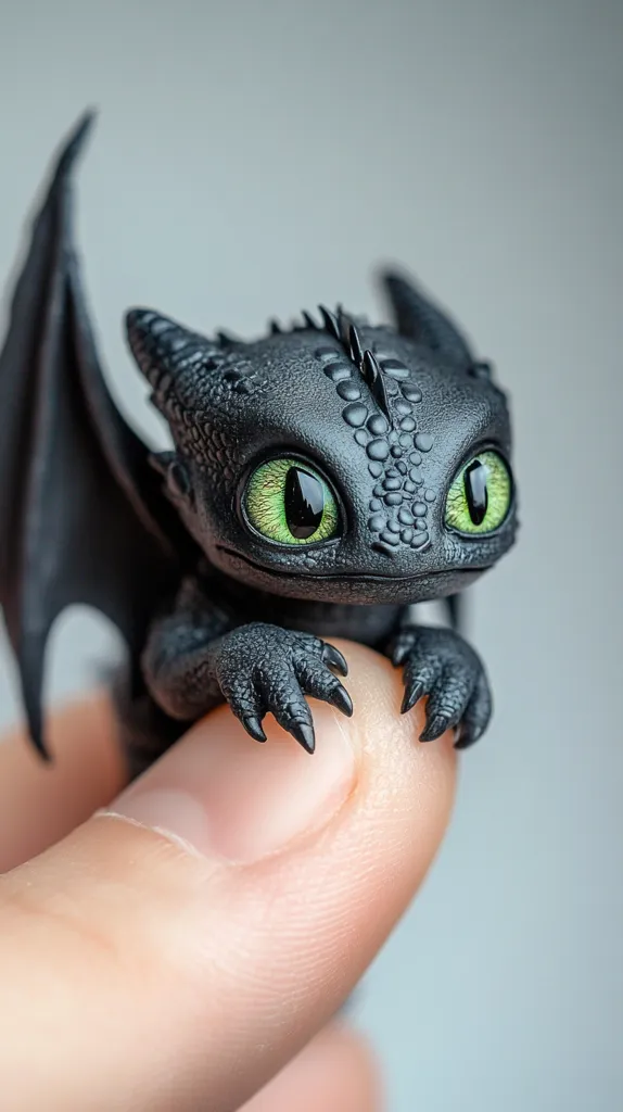 Here's a description of the image:

Close-up view of a meticulously crafted miniature dragon, seemingly made of dark gray or black resin.  The dragon is perched on a person's finger. It has large, expressive green eyes and detailed scales, claws, and leathery wings. The overall impression is one of cuteness and high-quality artistry. The background is a blurred, neutral gray, focusing attention solely on the miniature dragon. The lighting highlights the texture and detail of the figurine.