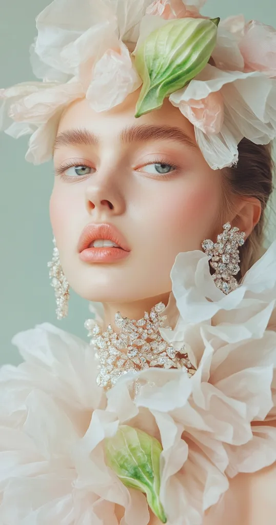 A young woman with flawless makeup is adorned in delicate blush-toned flowers and sparkling diamond jewelry.  She wears a large floral crown and matching earrings and necklace. The soft lighting and pastel colors create a dreamy, ethereal aesthetic. Her expression is serene and elegant, enhancing the overall romantic mood.