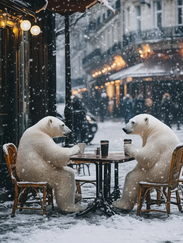 Two polar bears are seated at a small, round table outside a Parisian cafe.  Snow falls softly around them as they enjoy their drinks.  The cafe is warmly lit, creating a contrast with the snowy street scene.  The bears are dressed in an amusing juxtaposition of wild animal and sophisticated Parisian setting. The image is whimsical and charming.