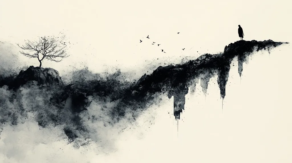 A monochrome digital painting depicts a desolate landscape.  A barren tree clings to a rocky outcrop, while a solitary bird stands on a cliff edge overlooking a fragmented, ink-washed mountain range.  Several small birds fly in the pale sky above. The overall mood is one of isolation and melancholic beauty, with the stark black and white emphasizing the emptiness of the scene.  The style suggests a blend of surrealism and impressionism.