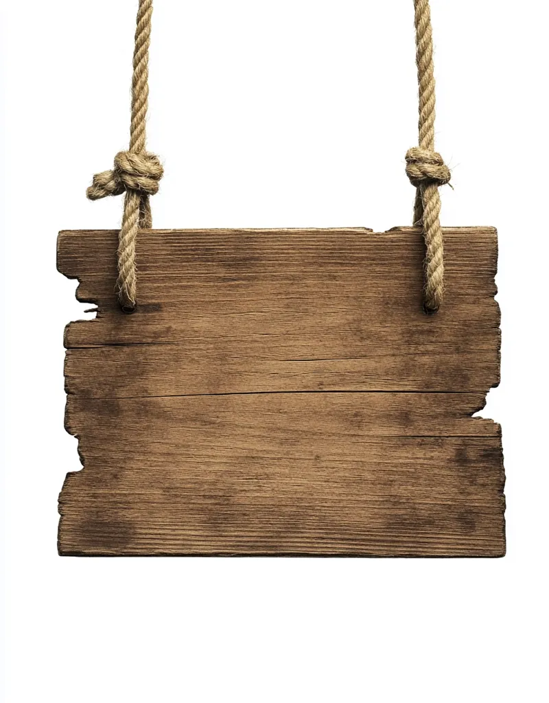 Here's a description of the image:

A rustic, rectangular wooden sign hangs from two pieces of rope. The wood is dark brown, showing its age with visible grain, knots, and some weathered chipping along the edges.  The ropes are knotted at the top and bottom of the sign, suggesting a sturdy hanging mechanism. The background is plain white, making the sign the clear focal point.  The overall impression is one of a vintage, weathered sign, ideal for adding a message or text.