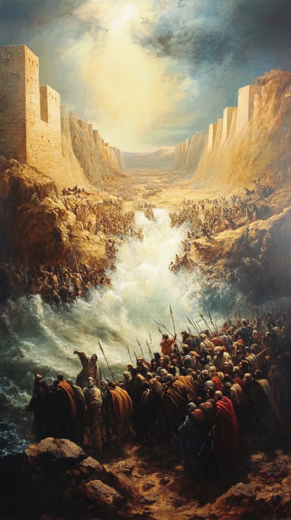 A dramatic painting depicts a biblical scene, possibly the crossing of the Red Sea.  Massive stone walls flank a narrow waterway, where a vast army is engulfed by surging, churning waters.  A smaller group of people, seemingly led by a figure in a robe, stands on the shore, watching the chaos unfold.  A bright, celestial light shines from the sky above, casting an ethereal glow on the scene.  The painting's style is detailed and expressive, evoking a sense of awe and impending doom.