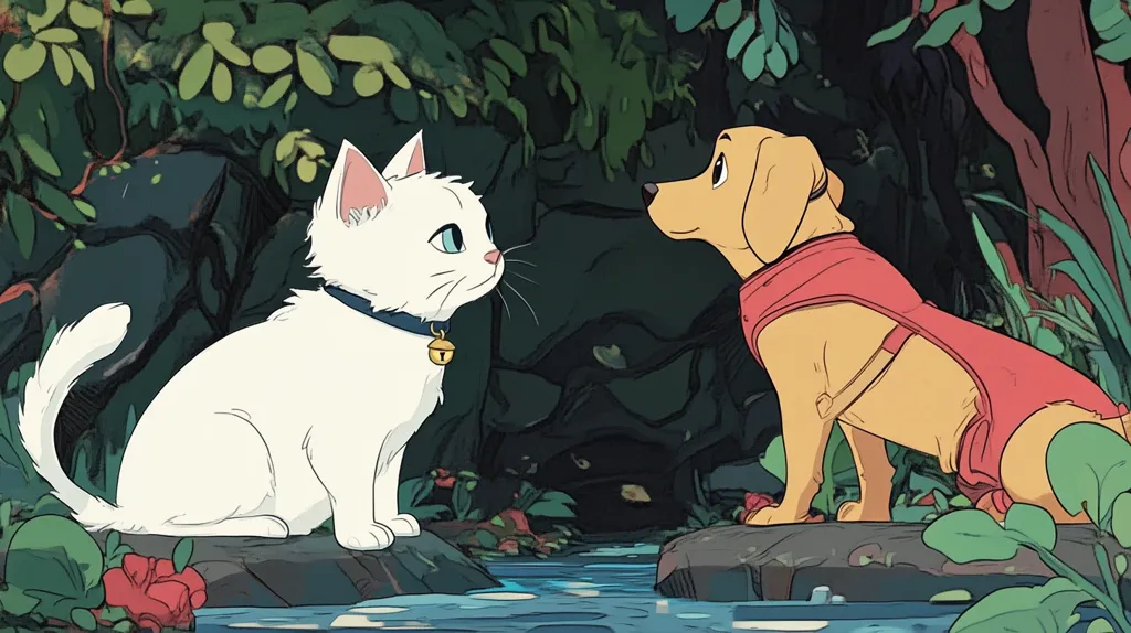 A white cat with a blue collar and bell sits on a rock beside a stream, gazing at a light brown dog wearing a red harness.  The dog is also perched on a rock, mirroring the cat's pose. Lush green foliage and dark rocks frame the scene, creating a tranquil, forest setting.  The artwork style is reminiscent of modern animation, with smooth lines and a muted color palette.  The two animals seem to be sharing a peaceful moment.