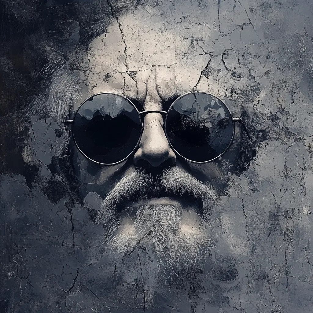 Here's a description of the image:

The image is a stylized portrait of an older man, seemingly merged with or painted onto a textured, cracked concrete wall.  His face is partially obscured, with the cracked wall mimicking wrinkles and age lines. He wears large, round, dark sunglasses that partially conceal his eyes. His long, grey beard and mustache are prominent features. The overall color palette is muted, primarily in shades of grey and blue, giving the artwork a gritty, somewhat melancholic atmosphere. The artistic style suggests a blend of painting and digital manipulation.