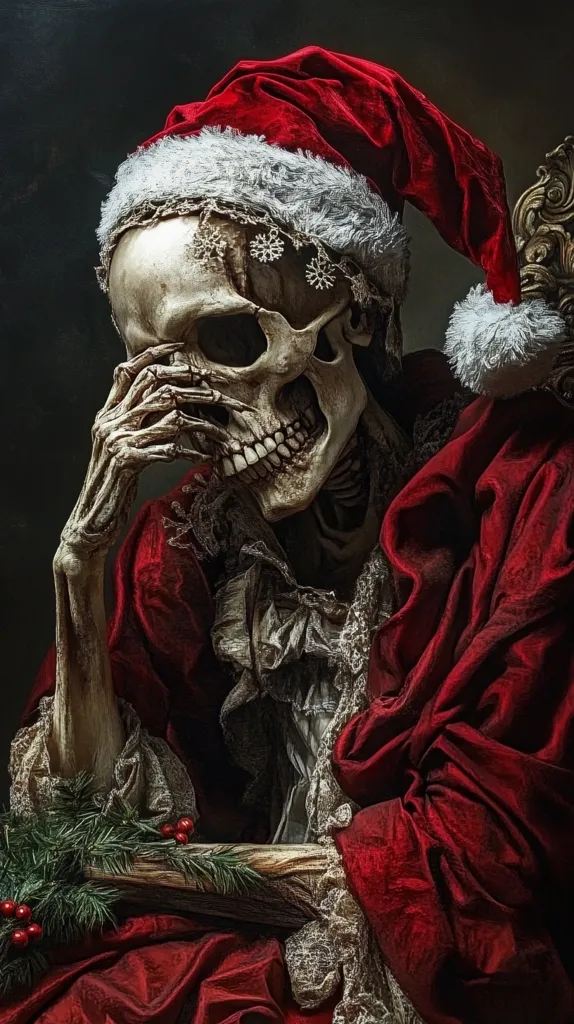 Here's a description of the image:

The image is a dark, dramatic close-up of a skeleton dressed in a Santa Claus suit. The skeleton wears a rich, crimson velvet suit with lace detailing at the cuffs and neckline, and a Santa hat adorned with white fur trim and snowflake embellishments. Its bony hand rests contemplatively on its face, conveying a sense of weariness or melancholy. A sprig of evergreen with red berries sits in its lap, adding a touch of traditional Christmas imagery to the macabre scene. The background is a dark, moody backdrop that accentuates the skeleton's stark appearance and the deep reds of its clothing. The overall effect is unsettling yet visually striking.