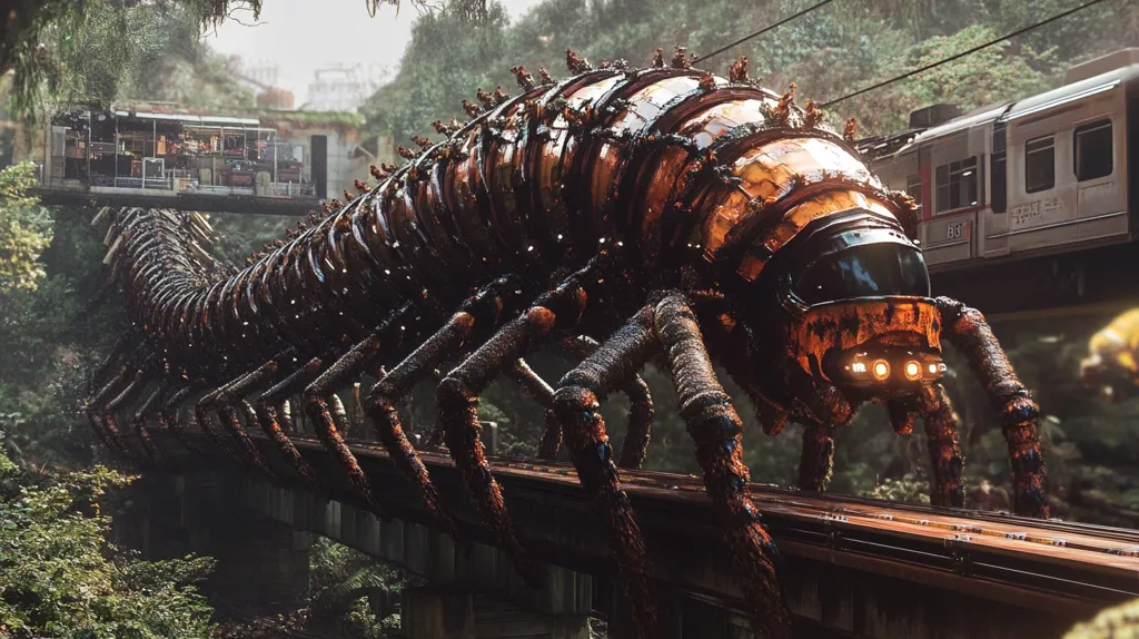 A colossal, segmented, mechanical centipede traverses a railway bridge. Its rusted, bronze-colored exoskeleton gleams with moisture.  Multiple legs carry the immense creature, its head featuring glowing lights.  A train passes in the background, dwarfed by the enormous machine. Lush, overgrown vegetation surrounds the bridge, suggesting a post-apocalyptic or futuristic setting.  The overall atmosphere is a blend of industrial decay and untamed nature.