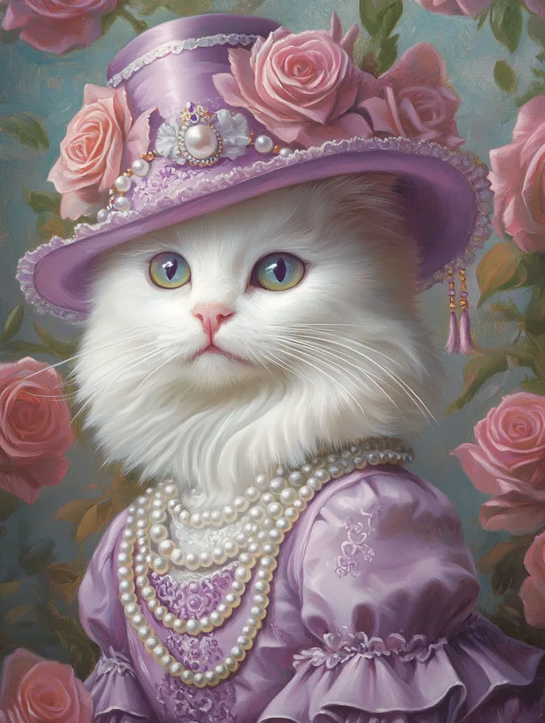 Here's a description of the image:

The painting depicts a fluffy white cat, elegantly dressed in a lavender gown and a matching wide-brimmed hat adorned with pink roses and pearls.  The cat's expression is serene and dignified. Multiple strands of pearls rest on its chest, complementing the delicate embroidery of its dress. The background features a soft-hued garden setting with additional pink roses, creating a romantic and whimsical atmosphere. The overall style is reminiscent of classic portraiture, with a focus on detail and texture.