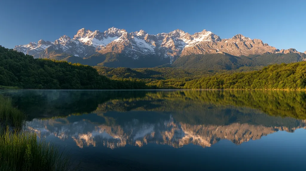 A serene lake mirrors a majestic snow-capped mountain range under a clear blue sky.  Lush green forests line the lake's edge, creating a picturesque contrast against the towering peaks. The stillness of the water perfectly reflects the mountains, creating a stunningly symmetrical image.  The scene evokes a sense of tranquility and the beauty of untouched nature.