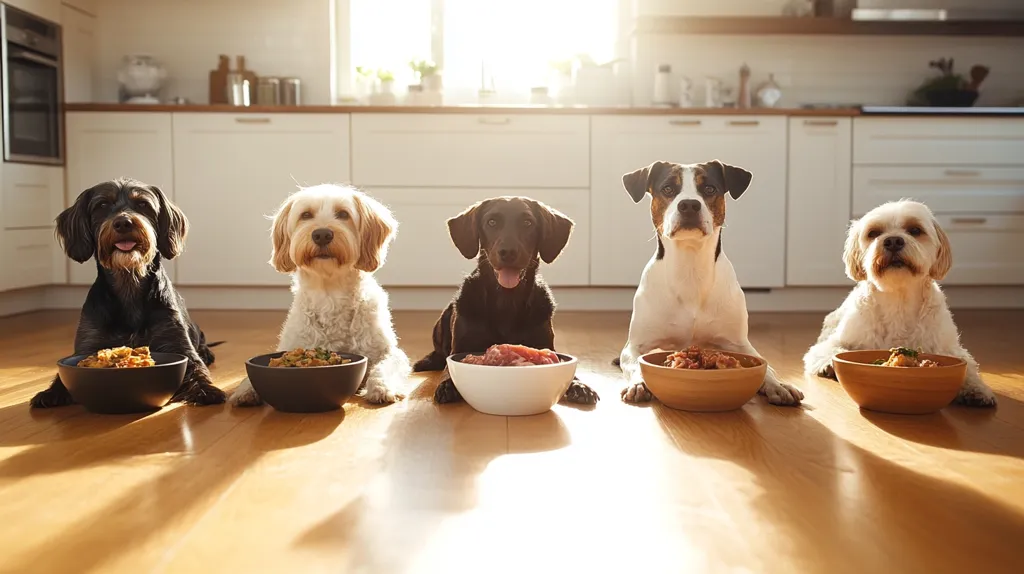 Five dogs of varying breeds sit patiently in a sunlit kitchen, each with a bowl of food in front of them.  The dogs—a black mixed breed, a fluffy white dog, a chocolate lab, a white and brown mixed breed, and a small fluffy white dog—are neatly aligned, showcasing their diverse appearances.  Their bowls contain what appears to be different types of dog food. The warm, inviting atmosphere suggests a happy, well-cared-for home.