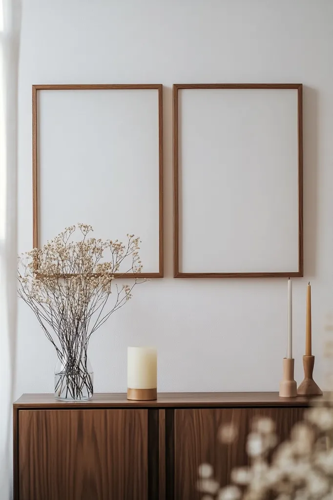 Here's a description of the image:

A minimalist interior scene features a dark wood sideboard against a white wall. Two large, empty, light wood framed pictures hang above the sideboard.  A glass vase filled with dried flowers sits on the sideboard, next to a short, cylindrical candle in a gold-colored holder.  Two candlesticks, one holding a grey candle and the other a gold candle, stand to the right. The overall aesthetic is calming and neutral. A portion of additional dried flowers is visible in the lower right corner, softly blurring the focus.