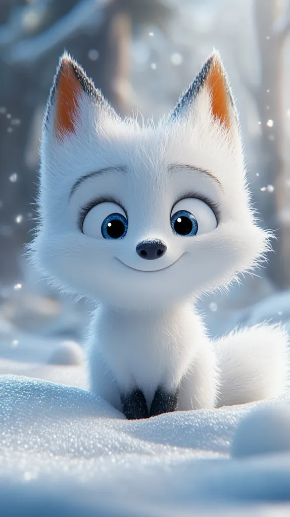 Here's a description of the image:

The image showcases an adorable, stylized arctic fox pup sitting in the snow.  Its fur is brilliantly white, contrasting with its dark eyes and the subtle hints of darker fur on its ears.  The fox has a cheerful, almost cartoonish expression, with large, expressive eyes and a slight smile.  The background is softly blurred, showing a snowy, wintery landscape. Snowflakes gently fall, adding to the serene atmosphere. The overall style is reminiscent of CGI animation or digital art, emphasizing cuteness and charm.
