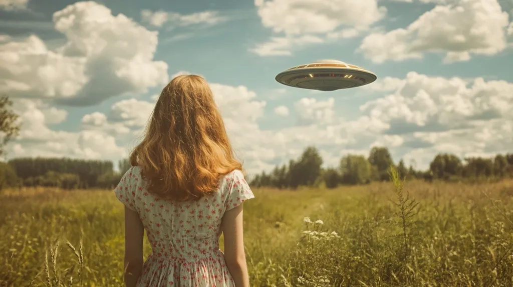 A young woman with long, auburn hair, wearing a floral dress, stands in a field of tall grass, her back to the viewer.  She gazes upward at a classic, saucer-shaped UFO hovering in a partly cloudy sky. The scene evokes a vintage, nostalgic feeling, suggesting a moment of otherworldly encounter in a peaceful, rural setting.  The overall tone is calm and slightly surreal.