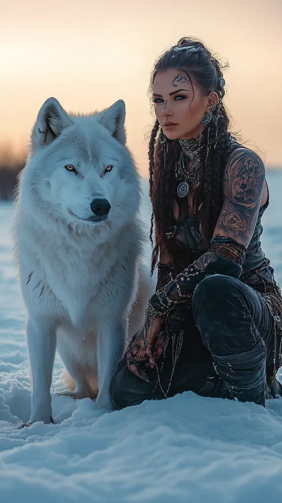 A captivating image of a young woman with intricate tattoos and braided dark hair, kneeling in the snow.  She's adorned with tribal-inspired jewelry and clothing.  Beside her sits a majestic, all-white wolf, its gaze matching hers. The soft, warm light of a setting sun casts a dramatic glow on the scene, creating a powerful and mystical atmosphere. The overall impression is one of wild beauty and connection between woman and animal.