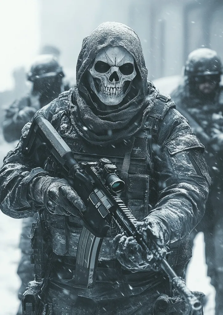 Here's a description of the image:

The image shows a soldier, heavily armed, in a snowy, urban environment. The soldier wears a skull-faced balaclava and tactical gear, entirely covered in a layer of snow, indicating a harsh, cold climate. He holds a rifle with a scope, ready for action.  Other soldiers, less prominently featured, are visible in the background, suggesting a combat or patrol situation. The overall tone is grim and intense, with a monochromatic color scheme emphasizing the coldness and severity of the scene. The focus is clearly on the soldier in the foreground, his skull mask a striking visual element.