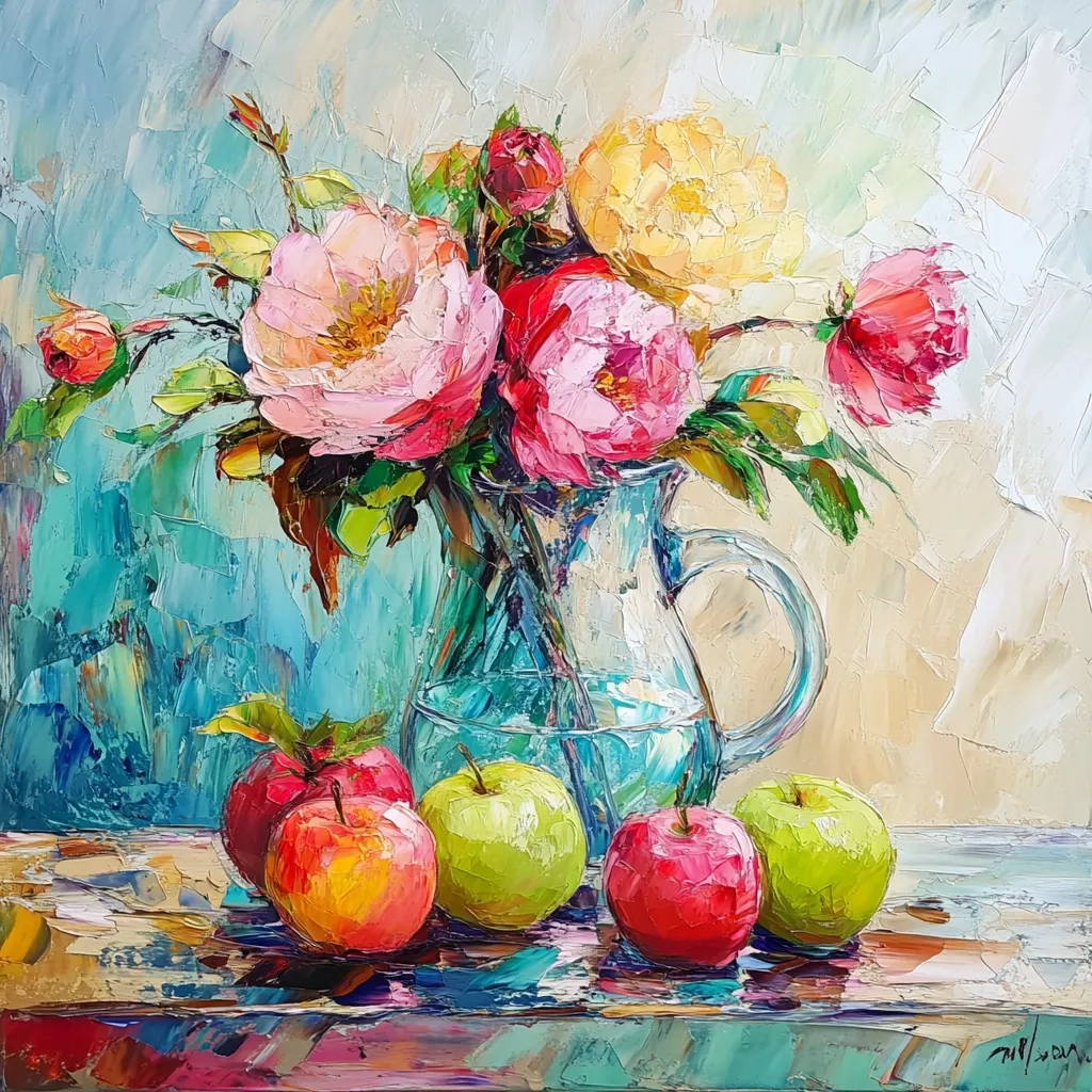 Here's a description of the image:

A vibrant oil painting showcases a still life arrangement.  A clear glass pitcher, filled with a bouquet of pink, red, and yellow peonies, is the centerpiece.  The flowers are painted with thick, impasto strokes, creating a textured effect.  Three red apples and two green apples rest on a wooden table in front of the pitcher. The background is an abstract wash of teal and cream, complementing the colorful subject.  The overall style is expressive and joyful, emphasizing the richness of color and texture.