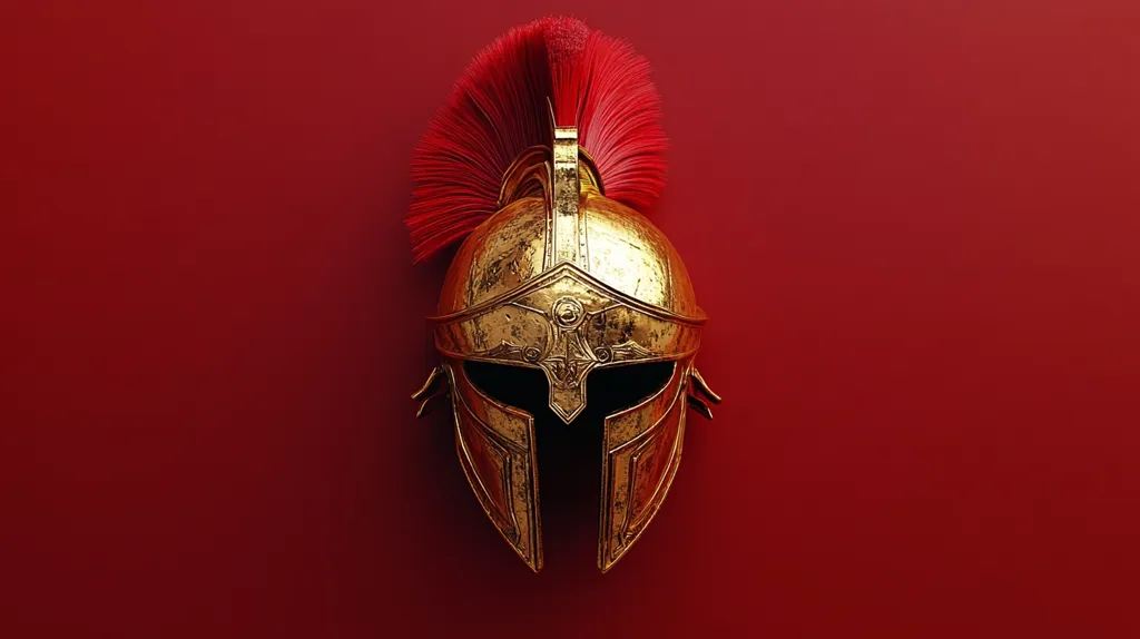 Against a deep red backdrop, a golden Greek warrior helmet is prominently displayed.  The helmet, intricately detailed with embossed designs, is topped with a vibrant red plume. The metallic sheen of the gold and the contrast with the rich red background create a striking visual.  The image suggests themes of ancient warfare, heroism, and classical aesthetics.