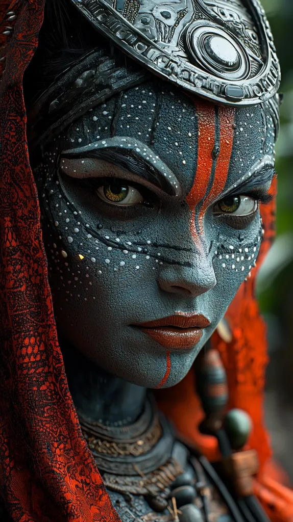 Close-up of a digitally rendered female figure. Her face is painted in shades of blue and grey, accented with orange lines and white dots.  She wears an elaborate headpiece of dark metal, reminiscent of tribal adornment, and a vibrant red, patterned garment.  Her intense gaze and detailed makeup create a striking, almost otherworldly, appearance. The overall aesthetic blends fantasy and tribal influences.
