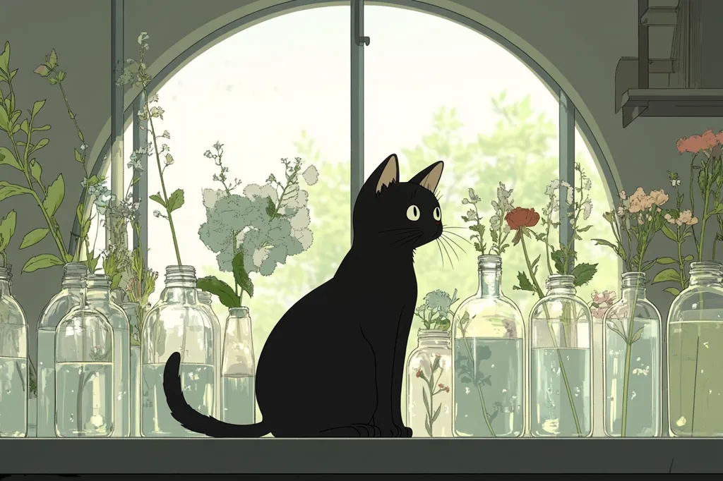 A black cat sits serenely on a windowsill, gazing out a curved window.  Various wildflowers in clear glass bottles and jars line the sill on either side of the cat, creating a peaceful, minimalist scene. The background suggests a bright, verdant outdoor space, contrasting with the muted tones of the indoor setting. The artwork has a soft, slightly muted color palette, giving it a calming and serene atmosphere.