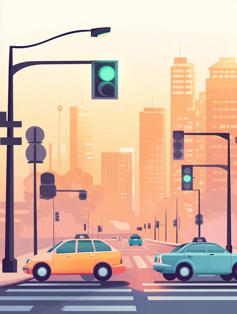 Here's a description of the image:

The illustration depicts a city street scene at sunset.  Two taxis, one yellow and one teal, are at a crosswalk, with the traffic lights showing green.  Tall buildings rise in the background, bathed in warm, orange hues of the setting sun.  Streetlights and traffic signals line the neatly organized street, creating a calm and orderly urban atmosphere. The style is cartoonish and flat, with clean lines and simple color palettes. The overall mood is peaceful and slightly nostalgic.
