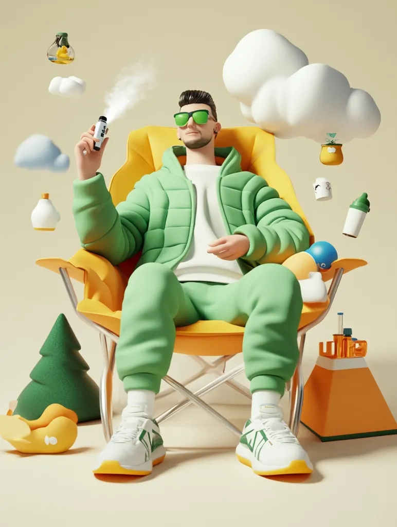 A 3D-rendered image depicts a stylized man in a bright green tracksuit, relaxing in a yellow camping chair.  He wears sunglasses and holds a vaping device, emitting a plume of vapor.  Surrounding him are cartoonish clouds, miniature objects like baby bottles and a plant, and stylized representations of a Christmas tree and a tent.  The overall aesthetic is playful and whimsical, with pastel colors and a soft, light background.