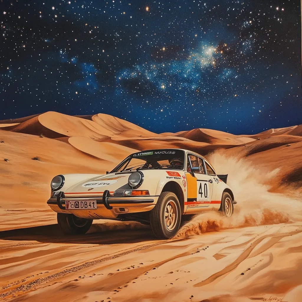 Here's a description of the image:

A painting depicts a classic white Porsche 911 rally car, number 40, speeding across a sandy desert landscape under a vibrant, star-filled night sky. The car kicks up sand as it navigates the dunes.  The scene is dramatic, highlighting the car's powerful presence against the vastness of the desert and the celestial backdrop. The artist's style is realistic, with attention to detail in the car's features and the texture of the sand. The overall mood is one of adventure and exhilaration.