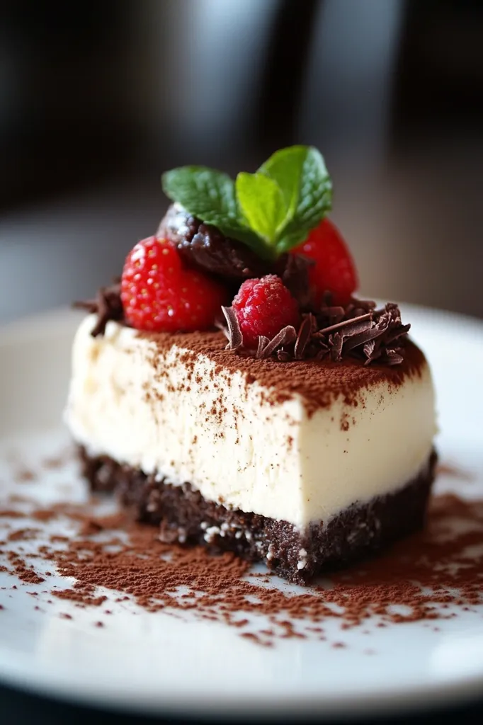 A delectable slice of cheesecake graces a white plate.  Its creamy white top is dusted with cocoa powder and adorned with fresh raspberries, strawberries, a dark chocolate piece, and a sprig of mint.  A chocolate crumbly base is visible beneath the cheesecake layer. The dessert is beautifully presented, with cocoa powder scattered artfully around it on the plate. The background is softly blurred, focusing attention on the creamy, decadent treat.