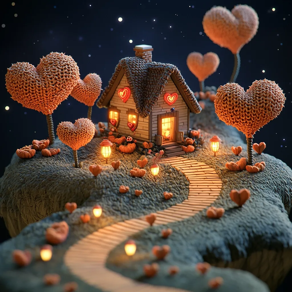 A whimsical, miniature cottage sits on a floating island under a starry night sky.  The cottage, adorned with heart-shaped decorations, is nestled amongst heart-shaped trees.  A winding pathway, lit by small lanterns, leads to the cozy house.  The overall aesthetic is charming and romantic, with a textured, almost knitted appearance to the trees and roof.  Tiny pumpkins and hearts are scattered across the island, enhancing the fairytale-like atmosphere.