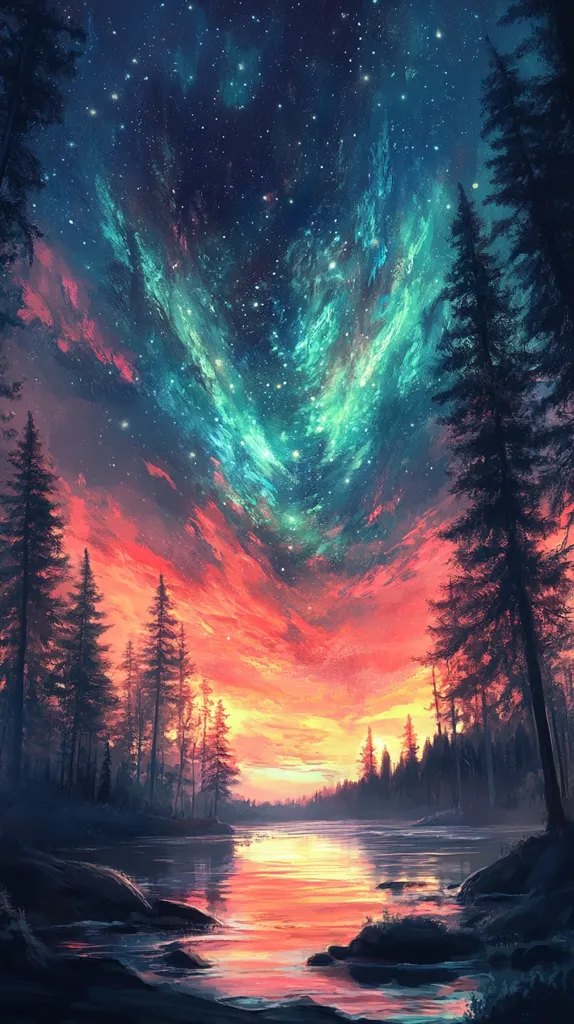 Here's a description of the image:

The artwork depicts a breathtaking landscape at sunset. A tranquil lake reflects the vibrant, fiery hues of the sky, which transitions from a deep orange near the horizon to a rich red and then blends into an ethereal, swirling nebula of teal and purple above. Silhouetted dark evergreen trees line the lake's edges, framing the celestial spectacle. The scene is surreal and dreamlike, blending realistic elements of nature with fantastical cosmic displays, creating a sense of peaceful wonder.