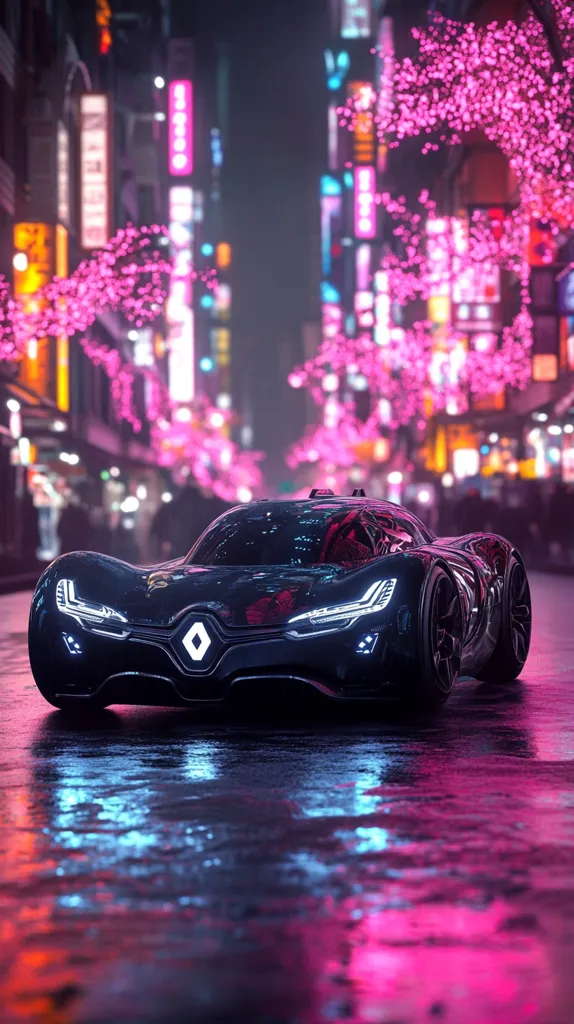 A sleek, dark-colored sports car, possibly a Renault concept, sits on a rain-slicked city street.  The background is a vibrant, neon-lit cityscape at night, adorned with pink cherry blossom lights, creating a stark contrast with the car's deep black finish. The wet pavement reflects the city's dazzling lights, enhancing the overall futuristic and atmospheric scene. The image has a digital art or CGI feel, showcasing a blend of technological advancement and romantic urban ambiance.