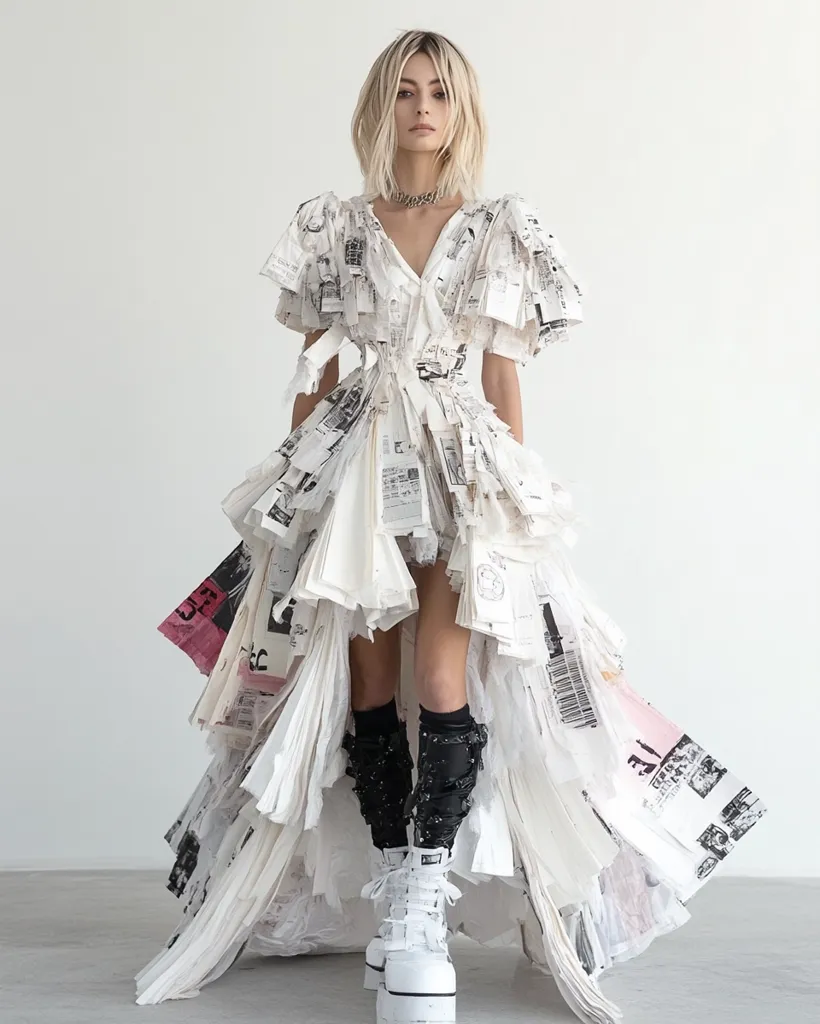 A model with blonde, shoulder-length hair displays a unique, avant-garde gown crafted from layered pieces of white paper, possibly receipts or printouts.  The dress features a fitted bodice and a dramatic, tiered skirt that cascades to the floor.  Black patterned socks and chunky white platform boots complete the outfit, creating a striking contrast against the white paper construction.  The overall impression is one of recycled high fashion, emphasizing texture and unconventional design.