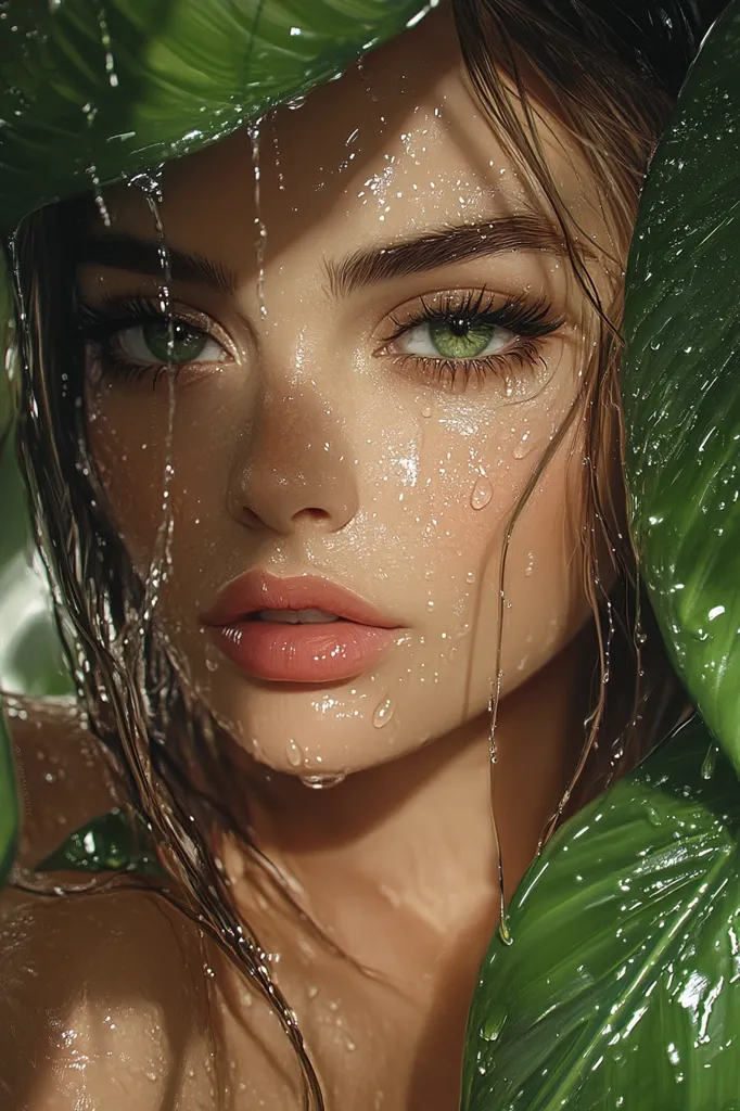 A close-up digital painting depicts a woman's face, wet with water droplets, partially obscured by large, vibrant green leaves.  Her skin glistens, and her green eyes are captivating.  The overall impression is one of lushness and natural beauty, with a focus on the contrast between the woman's features and the tropical foliage.  The lighting suggests a sun-dappled environment.