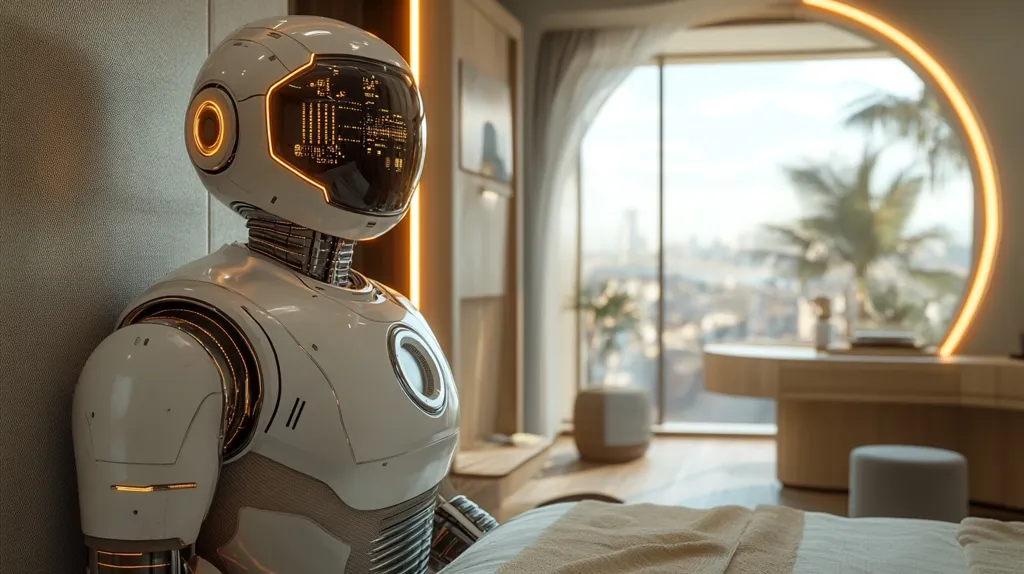 A futuristic, white robot with glowing orange accents stands in a modern apartment.  Its helmet displays illuminated data. The robot is positioned near a bed, partially visible in the foreground, in a room with large windows offering a panoramic city view.  The apartment's interior is sleek and minimalist, with light wood furniture and a curved, illuminated window frame. The overall atmosphere is clean, calm, and technologically advanced.