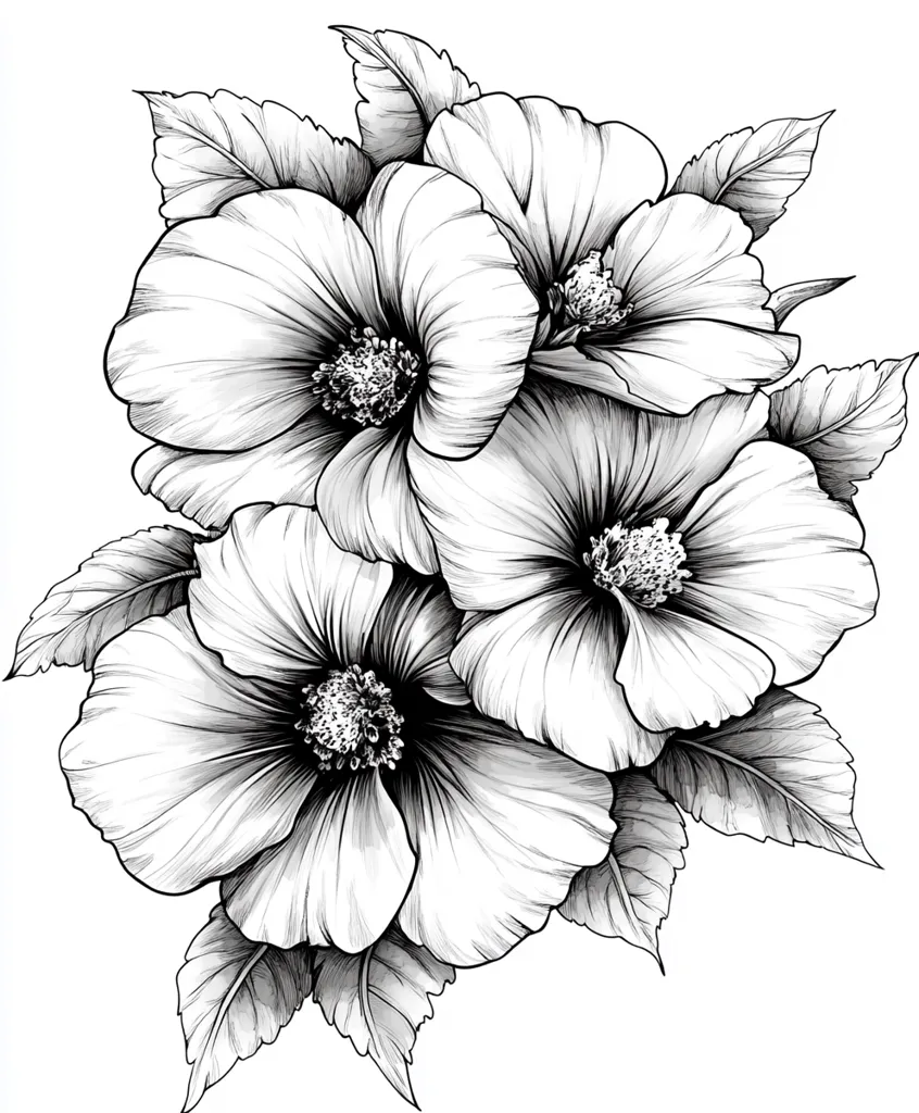 Here's a description of the image:

The image is a detailed black and white drawing of three large, intricately rendered flowers, possibly hibiscus or similar blooms.  Their petals are shown with delicate shading, highlighting their texture and form.  The flowers are clustered together, surrounded by smaller leaves with visible veins, creating a lush, botanical arrangement. The style is realistic yet artistic, emphasizing the beauty of the flowers' structure and their natural elegance. The overall composition suggests a formal arrangement, perhaps suitable for a print or design element.