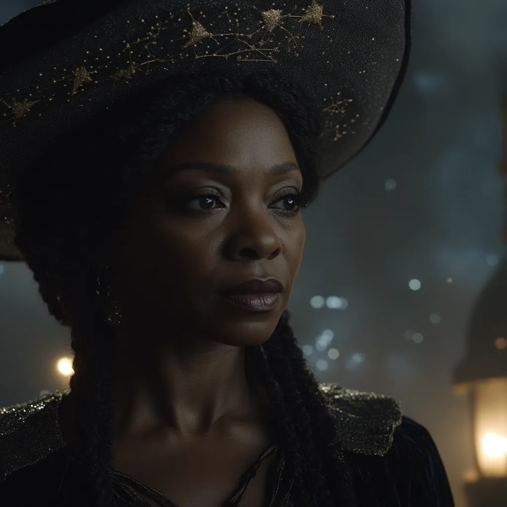 Here is a description of the image:

Close-up portrait of a Black woman with dark, long braids, wearing a wide-brimmed black hat adorned with gold constellations.  She gazes pensively to her right, her expression serious and thoughtful. The hat casts a shadow on her face, adding to the dramatic mood. The background is dark and blurry, with hints of out-of-focus lights, suggesting a nighttime setting. The woman's attire appears dark and elegant, possibly velvet, hinting at a mystical or perhaps historical context. The overall atmosphere is mysterious and intriguing.