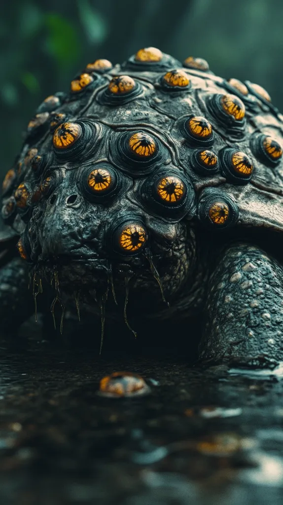 Here's a description of the image:

The image showcases a close-up of a fantastical creature, resembling a turtle but with a striking difference: its shell is densely covered with numerous, large, golden eyes.  The creature's skin is dark, textured, and appears damp, suggesting a dark, possibly swampy, environment.  Its head is partially obscured, yet the eyes are prominent, giving it an unnerving and surreal appearance.  The background is blurred, focusing attention on the creature itself. The overall mood is dark, mysterious, and somewhat unsettling.  A blurry reflection of what seems to be a smaller version of the creature is visible in the dark water in the foreground.
