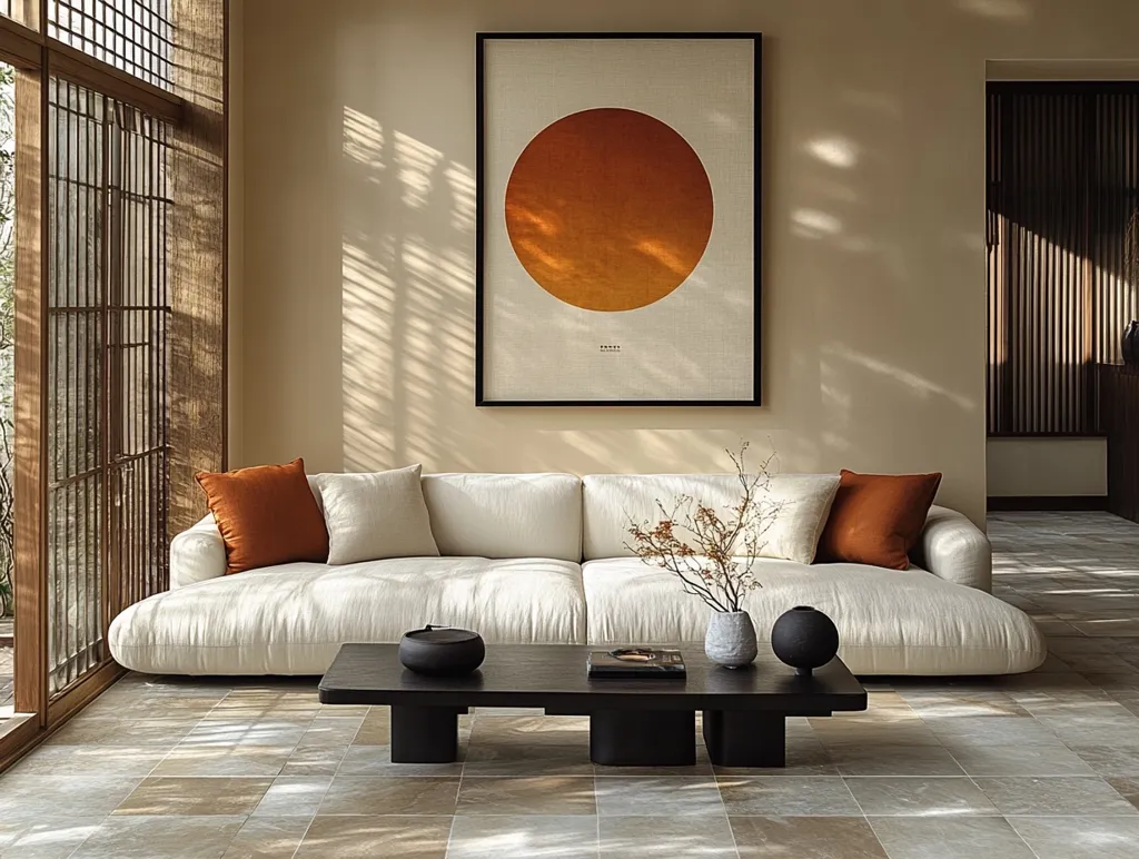 A minimalist living room features a low, off-white sectional sofa with burnt orange throw pillows.  A dark wood coffee table sits before it, holding a small vase of dried branches and decorative objects.  Sunlight streams through a large shoji-style window, casting shadows on the pale walls.  A large, abstract print of a sun dominates one wall, complementing the room's serene and calming atmosphere. The overall style evokes a sense of Japanese wabi-sabi aesthetics.